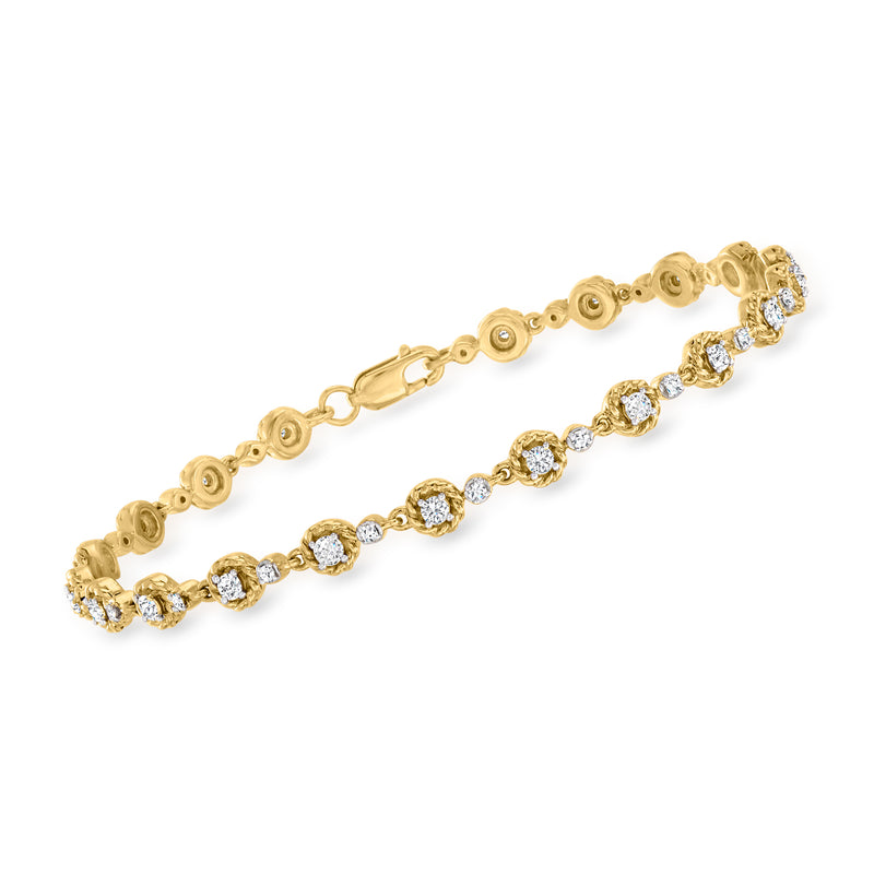 Gold diamond bezel-set tennis bracelet with round stones in a line and side links