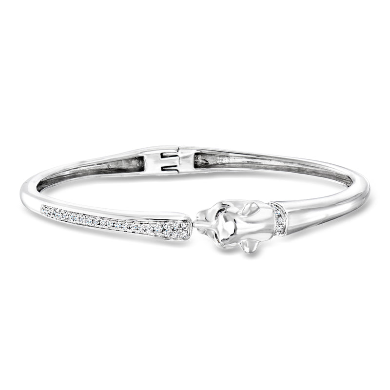 Sterling silver diamond panther bangle bracelet with pave band and openwork head