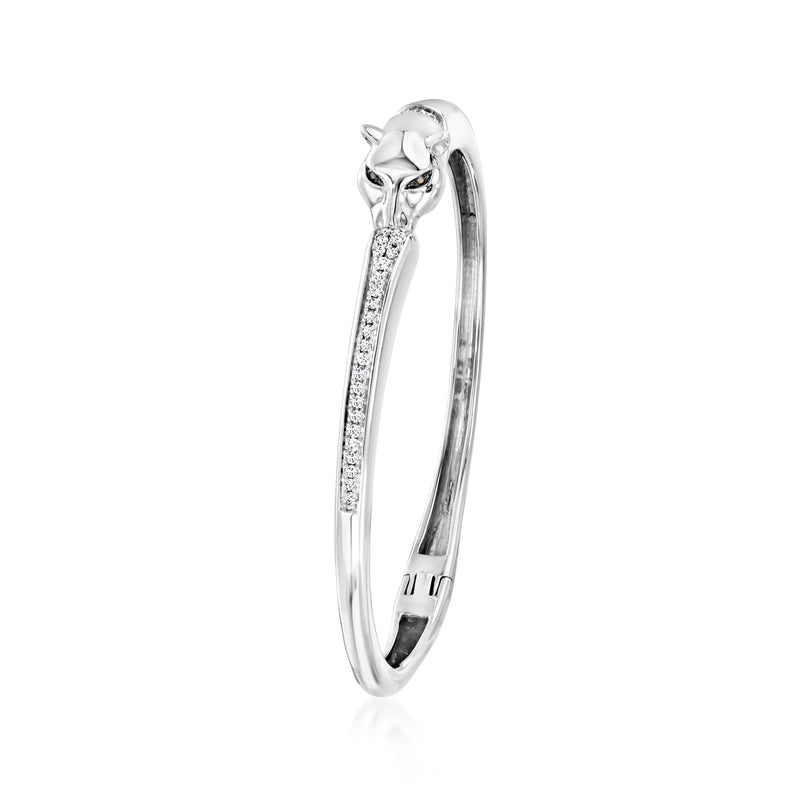 Sterling silver diamond panther bangle bracelet, side view with detailed head and set stones
