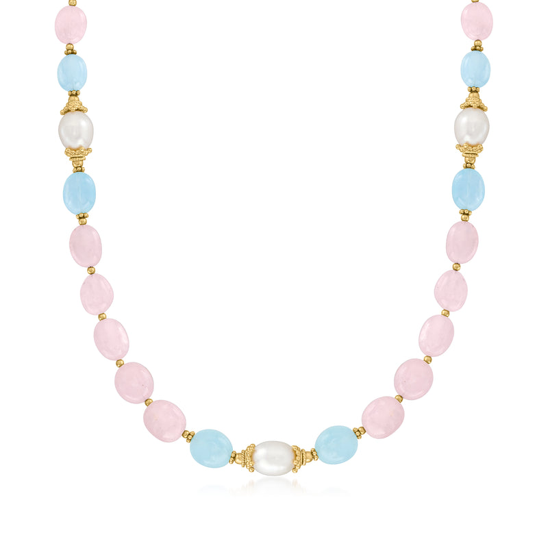 Gemstone and pearl necklace with pink and blue oval stones, gold-tone spacers