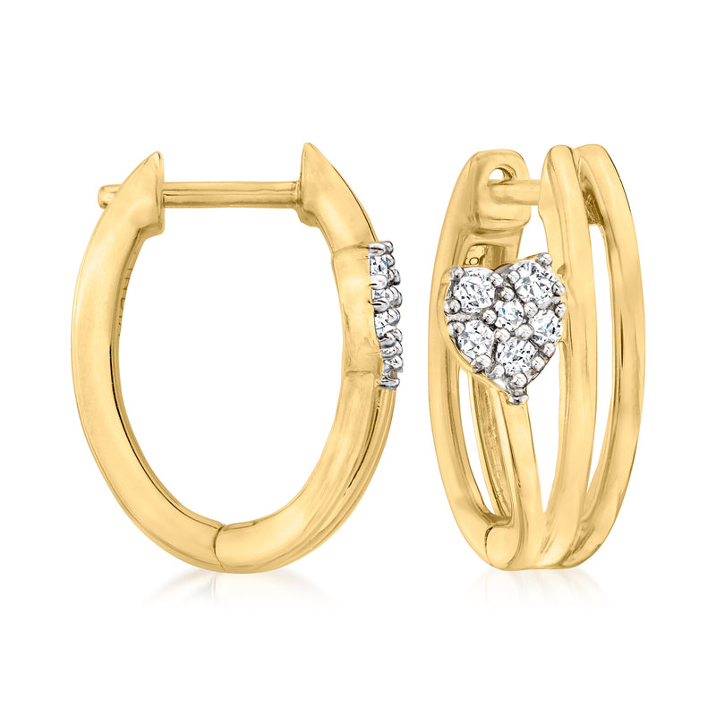 Diamond heart hoop earrings in gold over sterling, side and front views