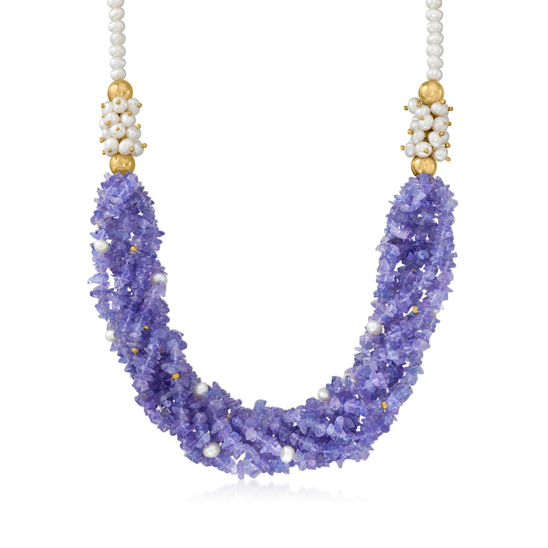Tanzanite and cultured pearl necklace with purple teardrop cluster and yellow gold beads