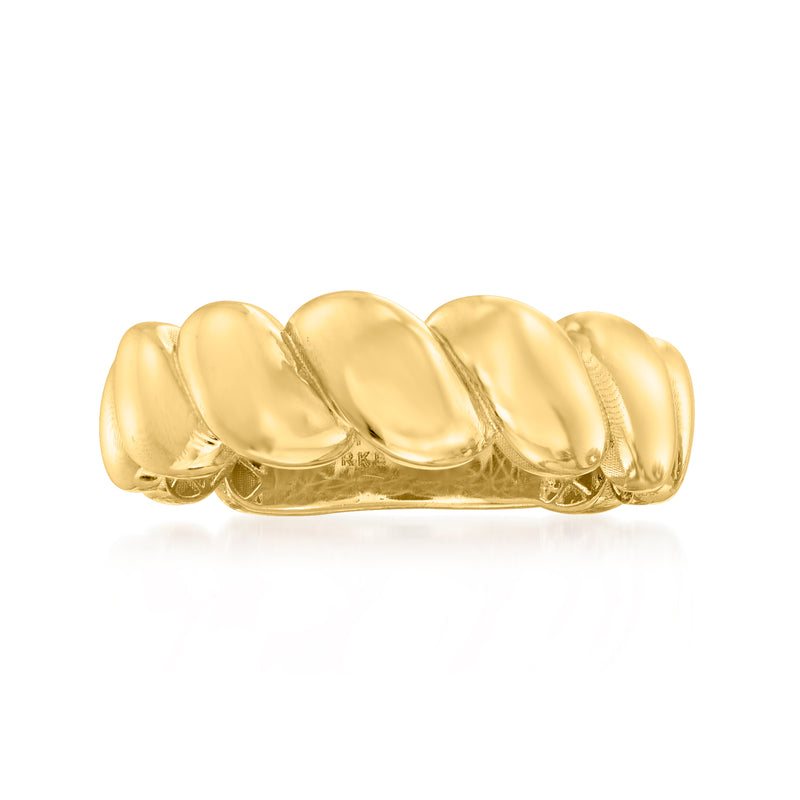 14kt yellow gold puffed roped ring, rounded band details