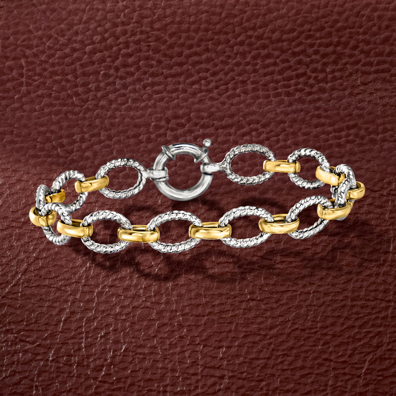 Two-tone sterling silver oval-link bracelet, gold center links and round clasp