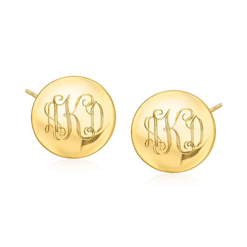 14kt yellow gold personalized disc stud earrings with cursive monogram detail