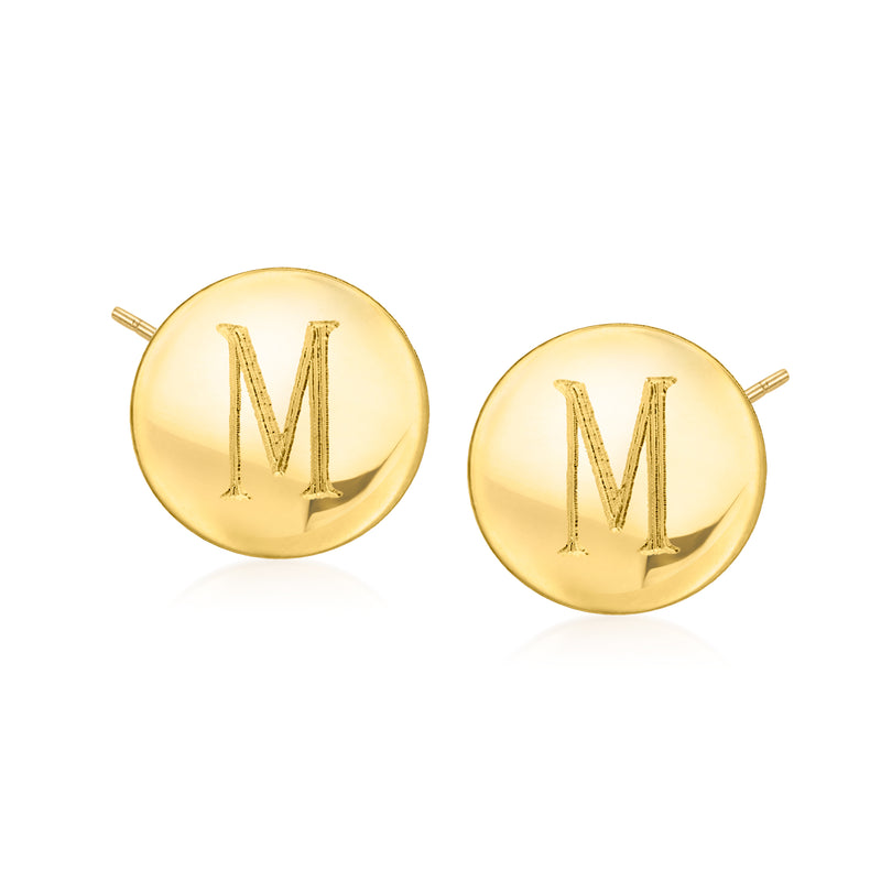 14kt yellow gold personalized disc stud earrings with bold letter M front