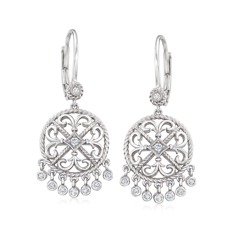 Sterling silver filigree chandelier earrings with round white stones and leverback closures