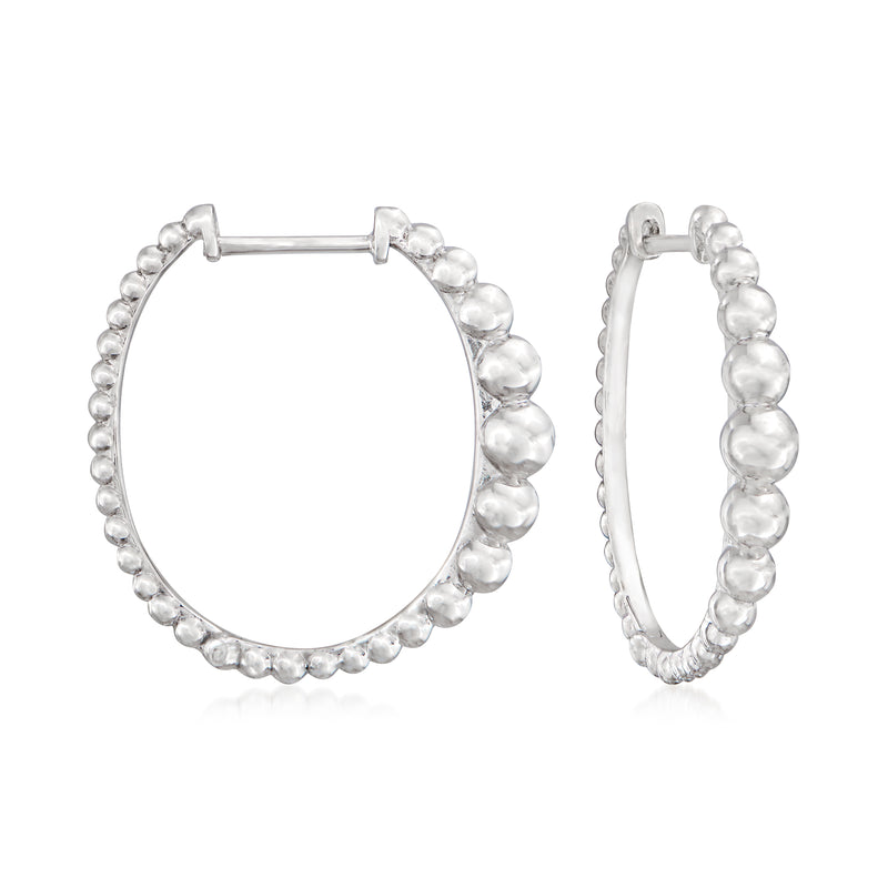Sterling silver beaded hoop earrings with round bead trim along the outer edge