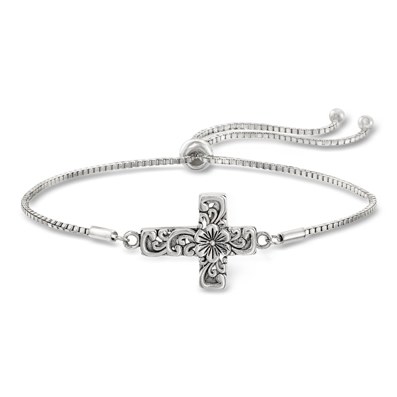 Sterling silver bolo bracelet with floral cross charm and textured bead chain