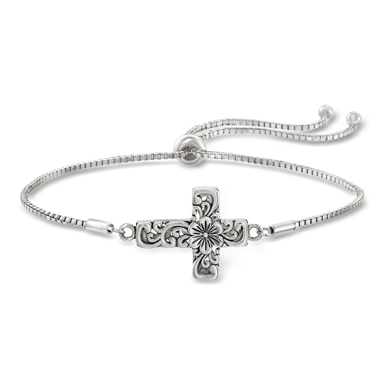 Sterling Silver Bali-Style Floral Cross Bolo Bracelet