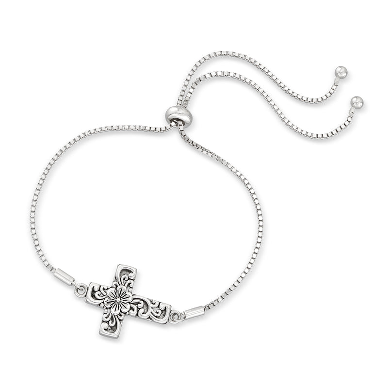 Sterling silver bolo bracelet with floral cross clasp and adjustable sliding ends