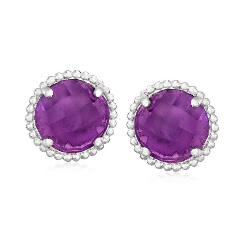 Amethyst stud earrings with sterling silver halo and round purple gemstone
