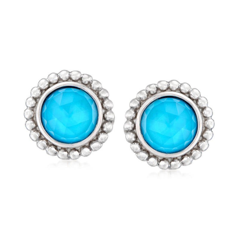Turquoise doublet stud earrings in sterling silver, round bezel with bead halo