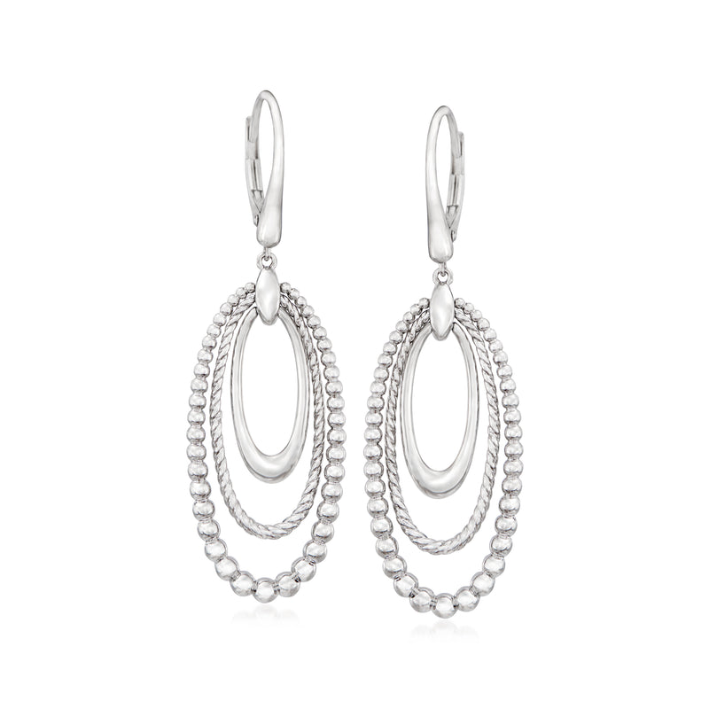 Sterling silver leverback drop earrings with three linked oval hoops, beaded edges