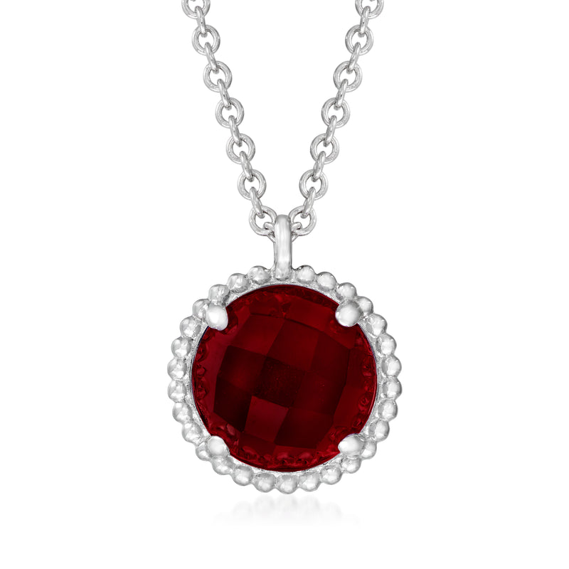 Sterling silver garnet pendant necklace with round red gemstone halo