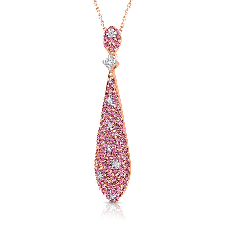 Rose gold pendant necklace with oval pink sapphire and diamond accents, teardrop setting