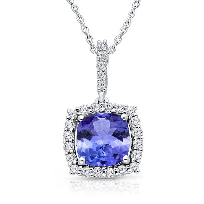 Diamond halo pendant with purple cushion-cut tanzanite center and white gold chain