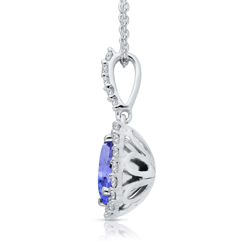 Side view of diamond halo tanzanite pendant with purple stone in white gold