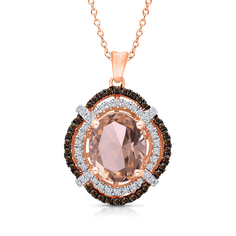 14k rose gold pendant necklace with oval morganite center and brown/white diamond halo