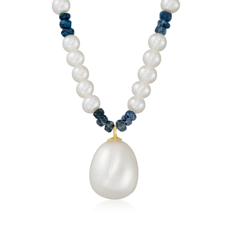 Cultured pearl necklace with dark blue sapphire stations and large white pearl pendant