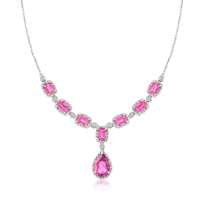 Sterling silver pink topaz necklace with diamond accents and teardrop pendant