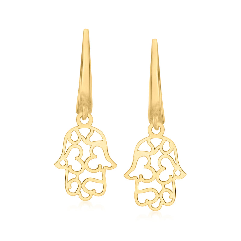 Yellow gold openwork hamsa hand drop earrings with leverback closure