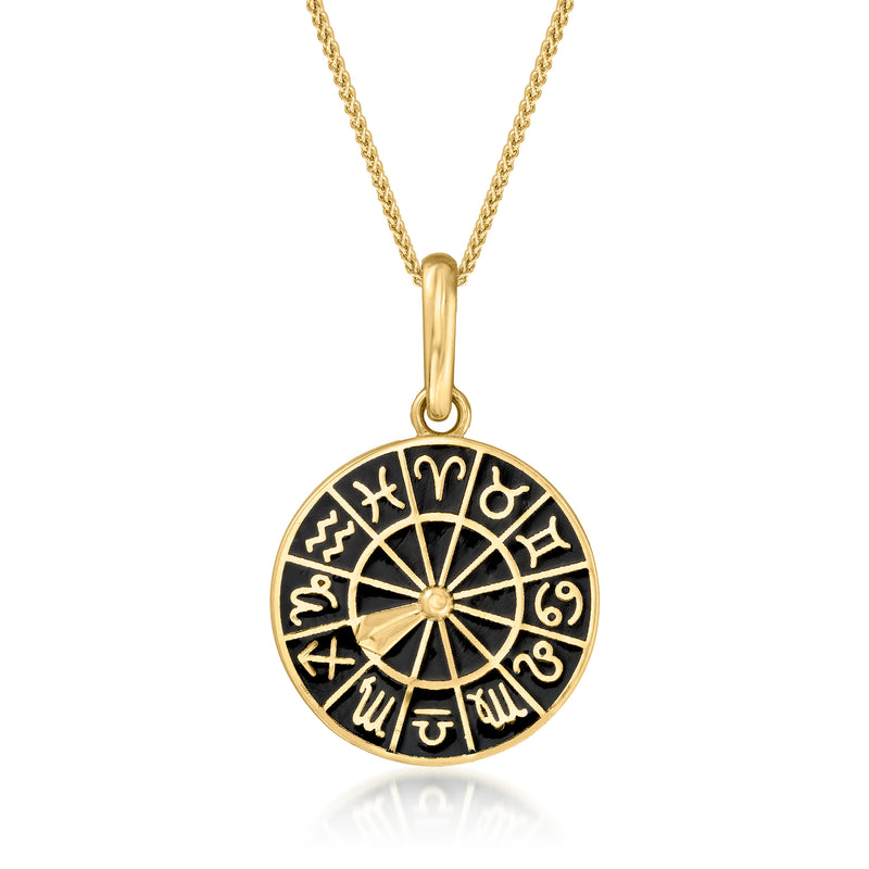 Round 14kt yellow gold zodiac medallion pendant with black enamel star signs