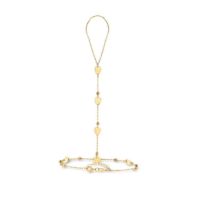 14kt yellow gold disc station hand chain bracelet with linked hearts and small stations