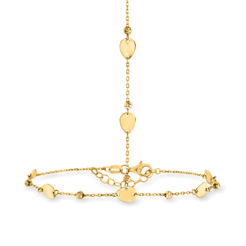 Yellow gold hand chain bracelet with three heart disc stations and small connector links