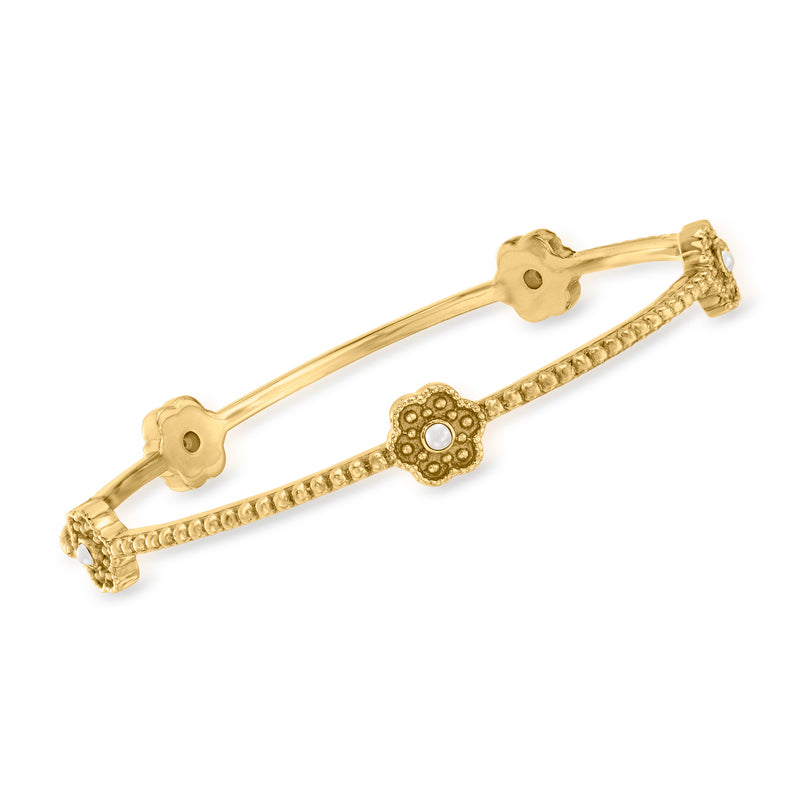 18kt gold over sterling bangle bracelet with two flower ends and pearl-like flower center