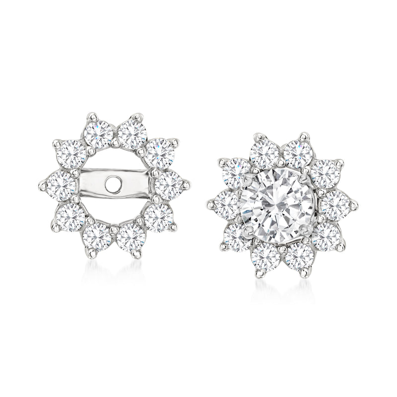 14kt white gold diamond earring jackets with round stone halo, two-piece set