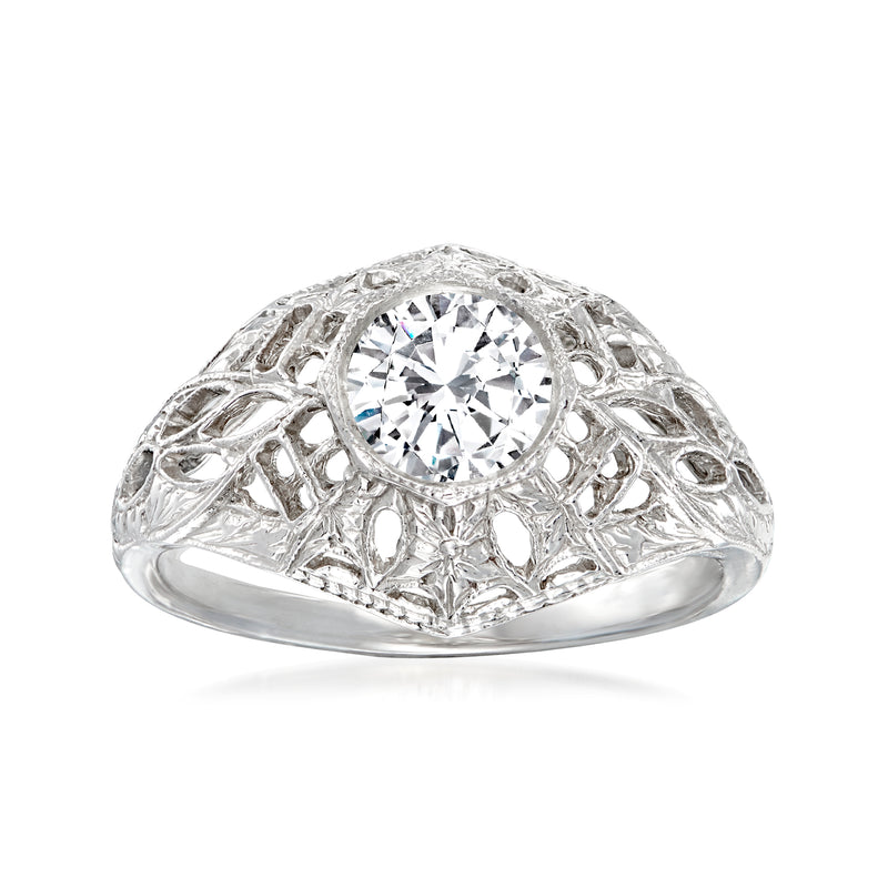 Vintage diamond filigree ring in 14kt white gold with round center stone
