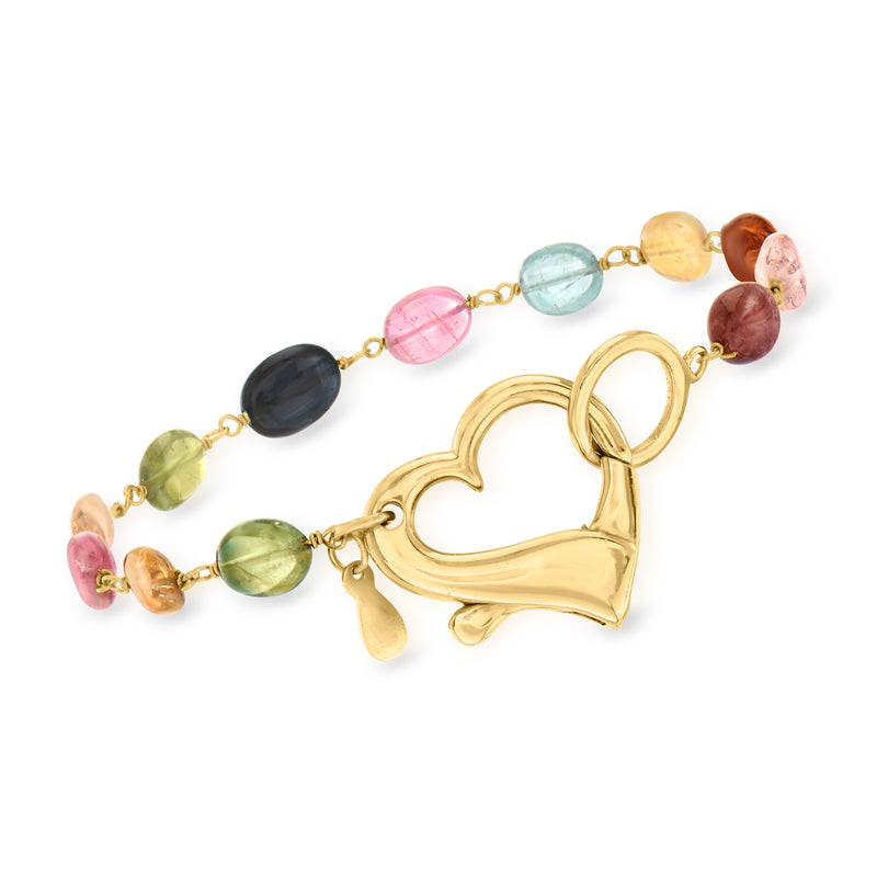 Multicolored tourmaline bead bracelet with heart toggle clasp, gold-tone metal
