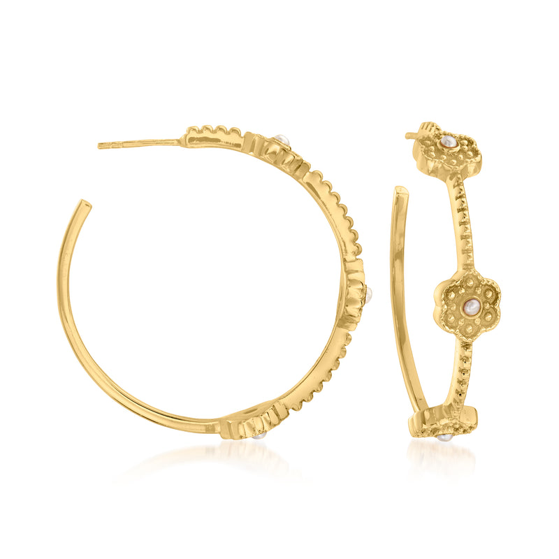 18kt gold over sterling hoop earrings with textured edge and flower pearl dangle charm