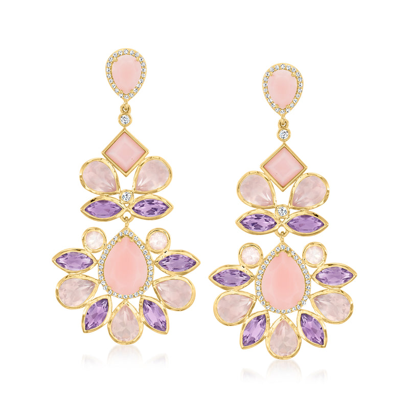 Gold-tone chandelier drop earrings with pink oval center stones and purple accents