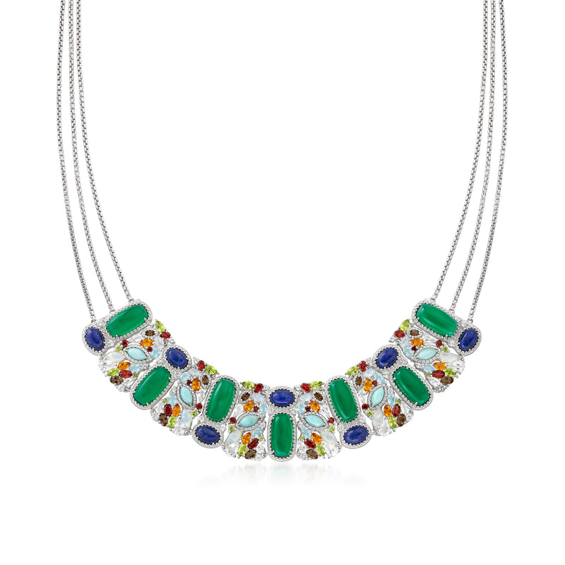 Sterling silver multi-gemstone necklace with green oval and blue stones plus colorful accents