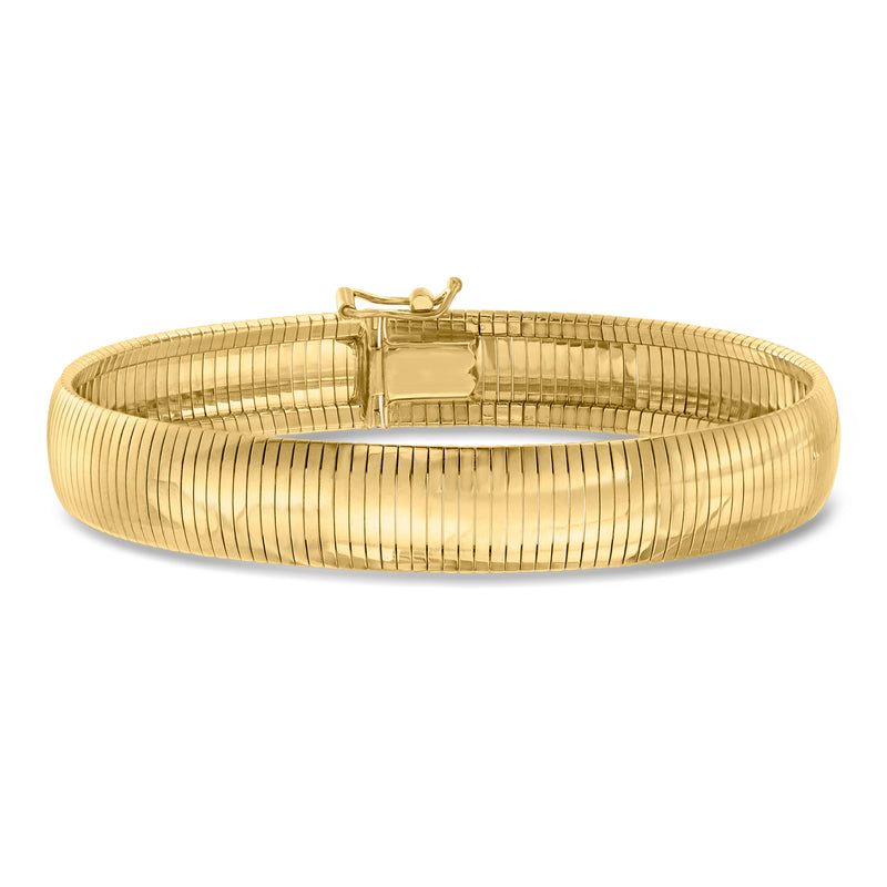 Omega bracelet in 18kt gold over sterling, hinged clasp and ribbed mesh links