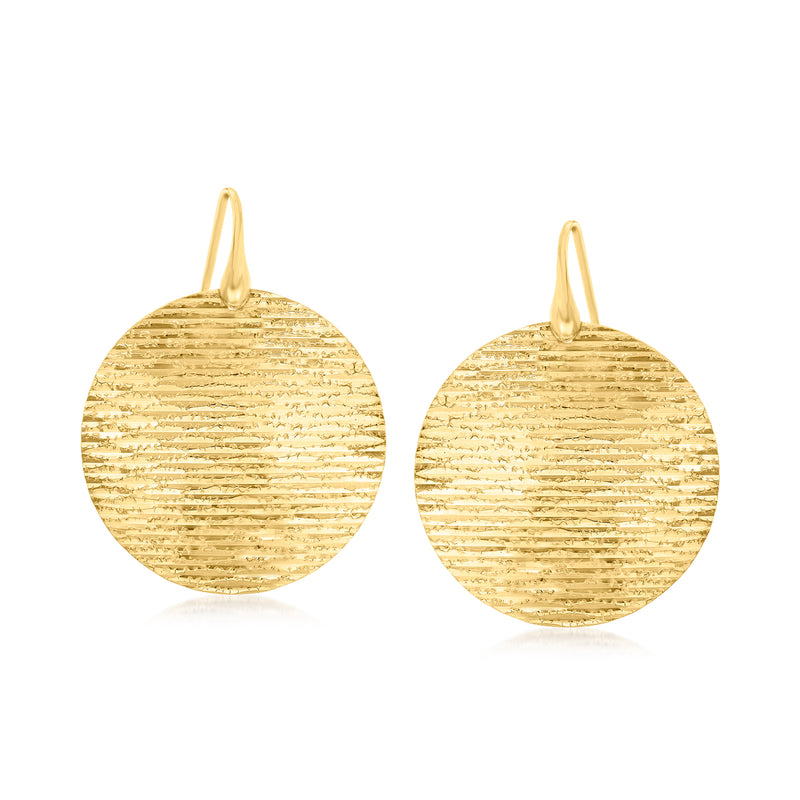 Textured gold-tone disc drop earrings with earwire, round polished top loops