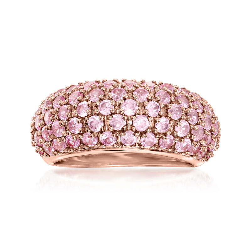 Rose gold pave pink sapphire ring with oval-cut stones, wide band