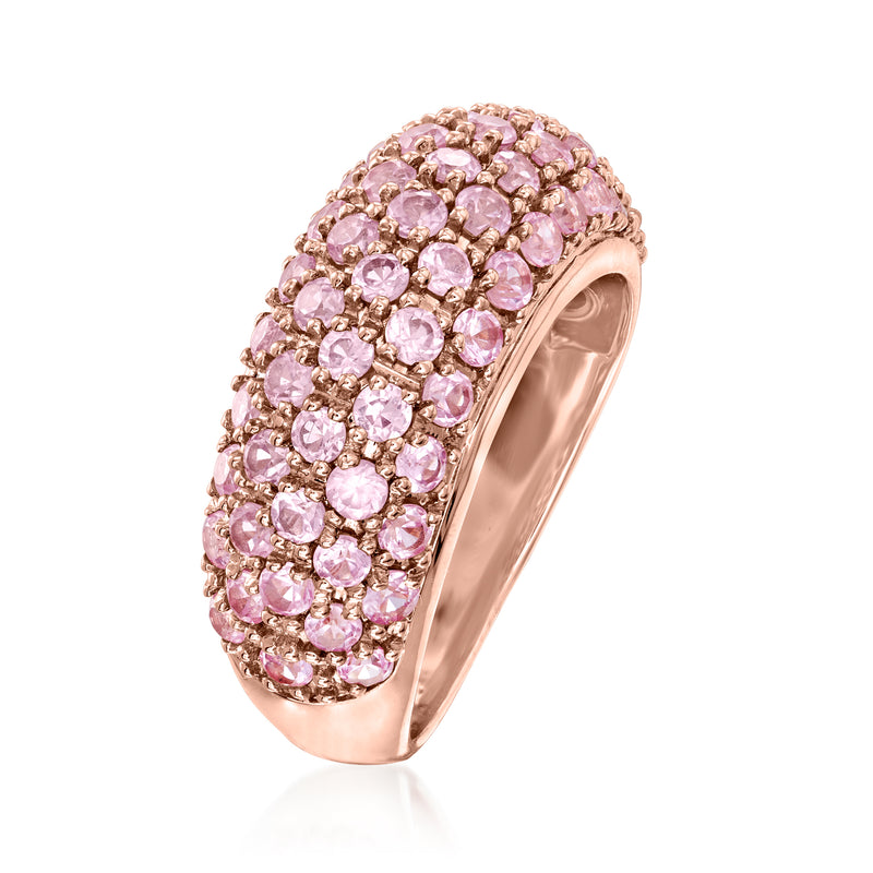 Rose gold pave pink sapphire ring with pink oval stones, side view