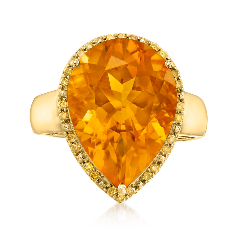 Yellow gold pear-shaped citrine ring with diamond halo