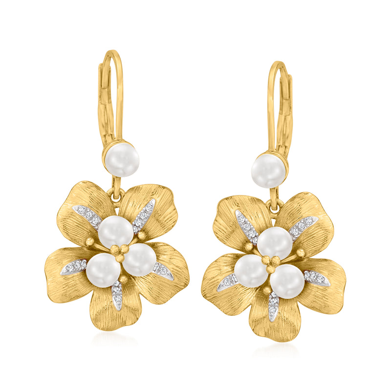 Gold flower leverback earrings with cultured pearls and diamond-like accents
