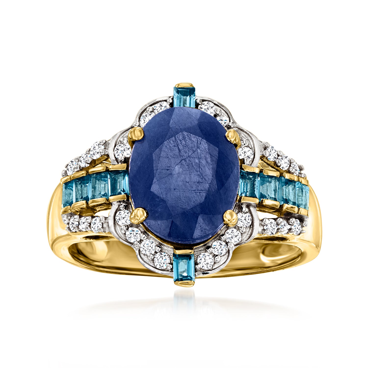 3.60 Carat Sapphire and .40 ct. t.w. London Blue Topaz Ring with .22 ct. t.w. Diamonds in 14kt Yellow Gold