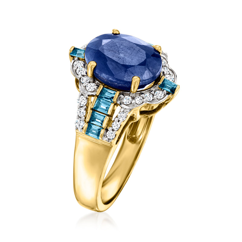 Oval blue sapphire ring with diamond halo, baguette blue topaz accents, 14kt yellow gold