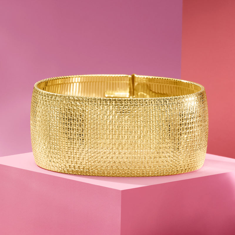 Wide 18kt gold over sterling omega mesh bracelet with hinged clasp