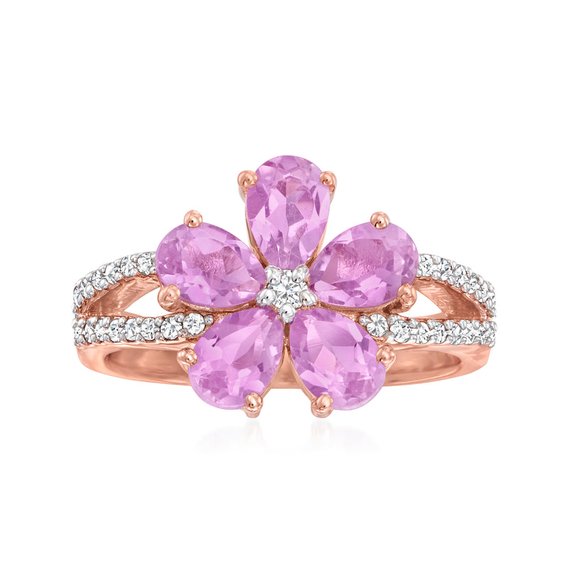 Rose gold flower ring with oval amethyst stones and diamond-like accents