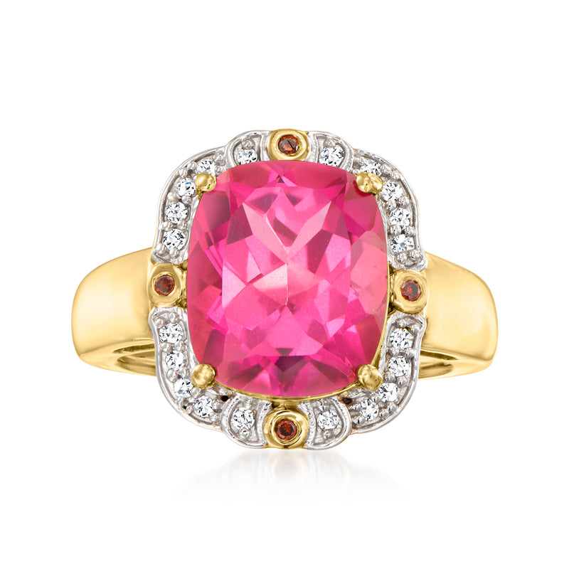 Gold over sterling ring with cushion-cut pink gemstone, halo of clear stones and colored accents