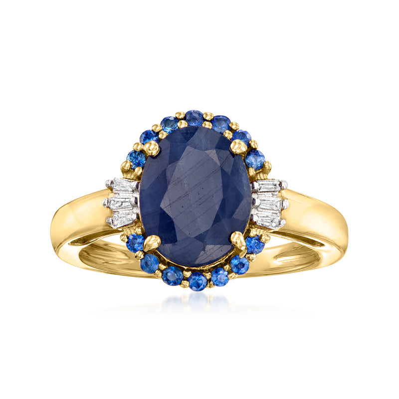 Gold-tone sapphire halo ring with oval blue center and white diamond accents