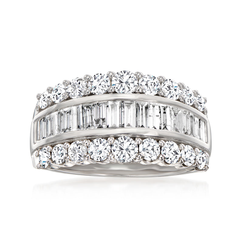 14k white gold diamond ring with baguette and round stones in three rows