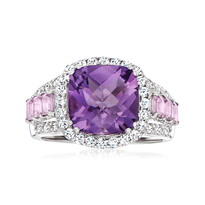 Sterling silver ring with cushion-cut amethyst center, diamond halo, pink topaz accents